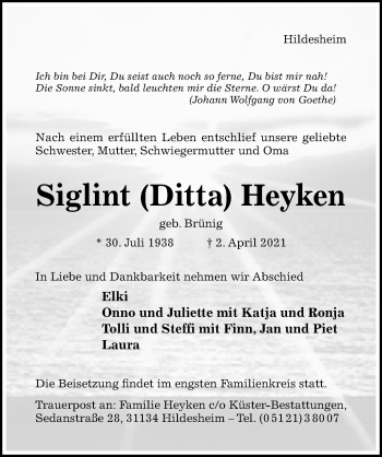Traueranzeige von Siglint Heyken von Hildesheimer Allgemeine Zeitung