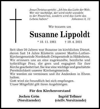 Traueranzeige von Susanne Lippoldt von Hildesheimer Allgemeine Zeitung