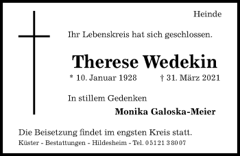 Traueranzeige von Therese Wedekin von Hildesheimer Allgemeine Zeitung