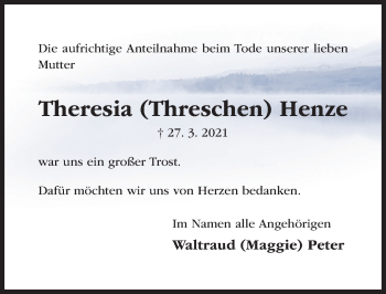 Traueranzeige von Theresia Henze von Hildesheimer Allgemeine Zeitung