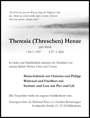 Traueranzeige von Theresia Henze von Hildesheimer Allgemeine Zeitung