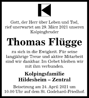 Traueranzeige von Thomas Flügge von Hildesheimer Allgemeine Zeitung