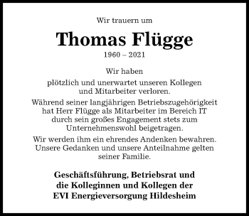 Traueranzeige von Thomas Flügge von Hildesheimer Allgemeine Zeitung