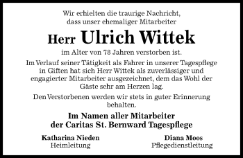 Traueranzeige von Ulrich Wittek von Hildesheimer Allgemeine Zeitung