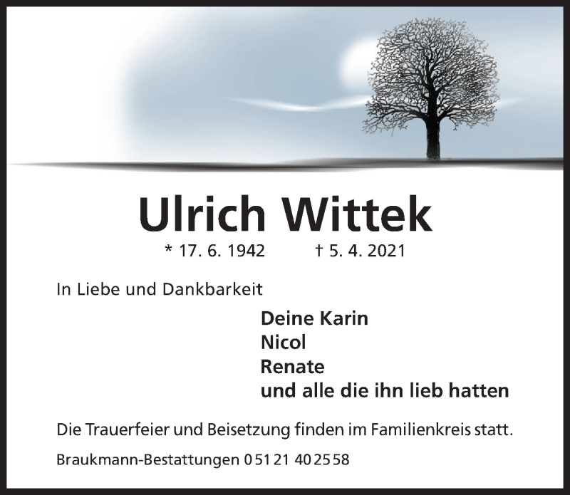  Traueranzeige für Ulrich Wittek vom 07.04.2021 aus Hildesheimer Allgemeine Zeitung