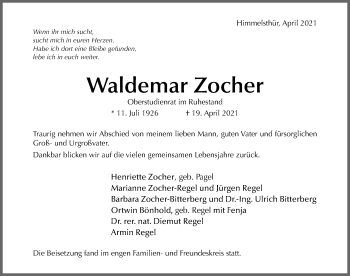 Traueranzeige von Waldemar Zocher von Hildesheimer Allgemeine Zeitung