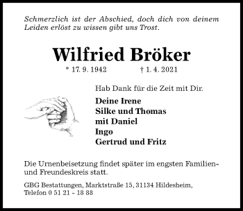 Traueranzeige von Wilfried Bröker von Hildesheimer Allgemeine Zeitung