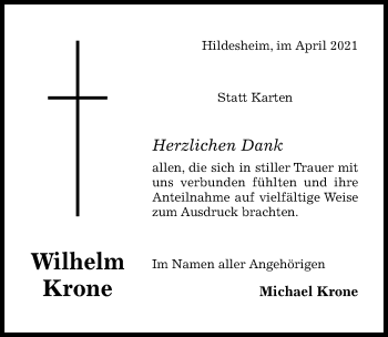 Traueranzeige von Wilhelm Krone von Hildesheimer Allgemeine Zeitung