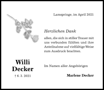 Traueranzeige von Willi Decker von Hildesheimer Allgemeine Zeitung