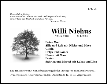 Traueranzeige von Willi Niehus von Hildesheimer Allgemeine Zeitung