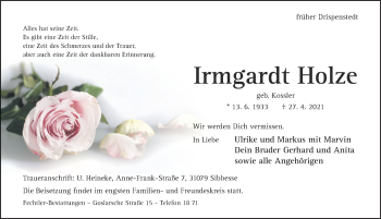 Traueranzeige von Irmgardt Holze von HILDESHEIMER ALLGEMEINE ZEITUNG