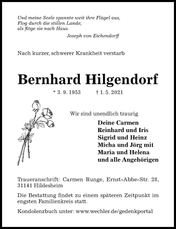 Traueranzeige von Bernhard Hilgendorf von Hildesheimer Allgemeine Zeitung