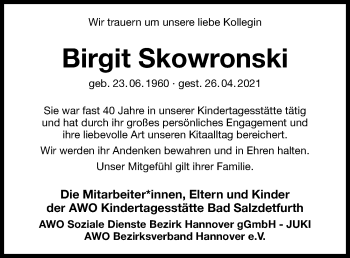 Traueranzeige von Birgit Skowronski von Hildesheimer Allgemeine Zeitung