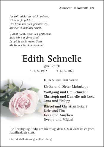 Traueranzeige von Edith Schnelle von Hildesheimer Allgemeine Zeitung