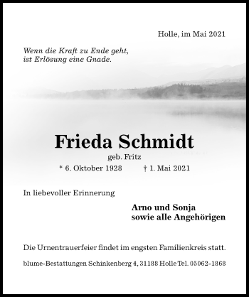 Traueranzeige von Frieda Schmidt von Hildesheimer Allgemeine Zeitung