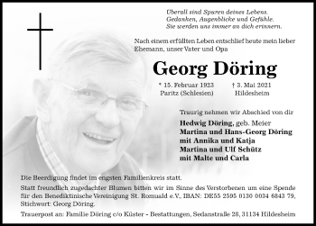 Traueranzeige von Georg Döring von Hildesheimer Allgemeine Zeitung