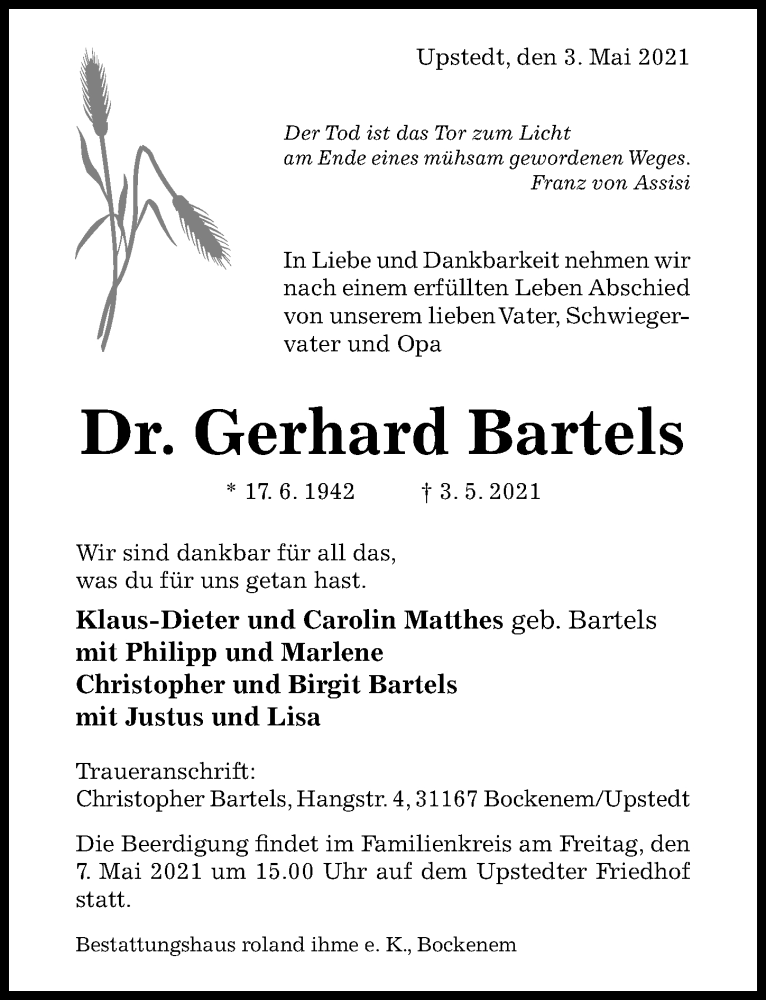  Traueranzeige für Gerhard Bartels vom 05.05.2021 aus Hildesheimer Allgemeine Zeitung