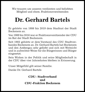 Traueranzeige von Gerhard Bartels von Hildesheimer Allgemeine Zeitung