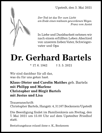 Traueranzeige von Gerhard Bartels von Hildesheimer Allgemeine Zeitung