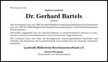 Traueranzeige von Gerhard Bartels von Hildesheimer Allgemeine Zeitung