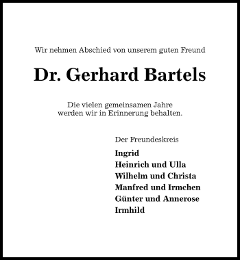 Traueranzeige von Gerhard Bartels von Hildesheimer Allgemeine Zeitung