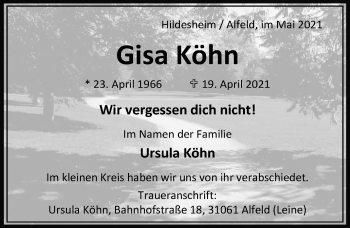 Traueranzeige von Gisa Köhn von Hildesheimer Allgemeine Zeitung