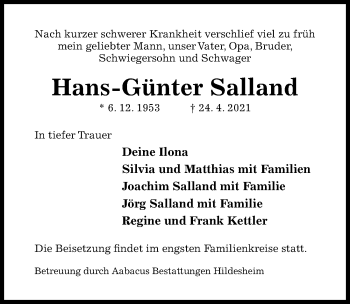 Traueranzeige von Hans-Günter Salland von Hildesheimer Allgemeine Zeitung