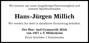Traueranzeige von Hans-Jürgen Millich von Hildesheimer Allgemeine Zeitung