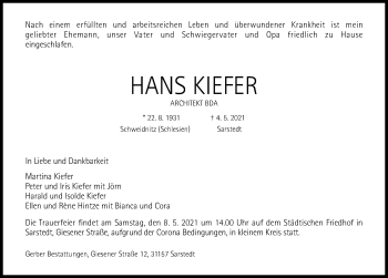 Traueranzeige von Hans Kiefer von Hildesheimer Allgemeine Zeitung