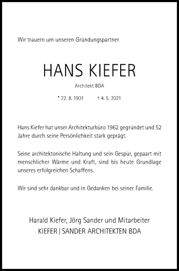 Traueranzeige von Hans Kiefer von Hildesheimer Allgemeine Zeitung