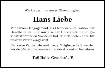 Traueranzeige von Hans Liebe von Hildesheimer Allgemeine Zeitung