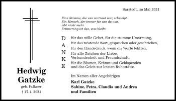 Traueranzeige von Hedwig Gatzke von Hildesheimer Allgemeine Zeitung