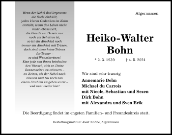 Traueranzeige von Heiko-Walter Bohn von Hildesheimer Allgemeine Zeitung