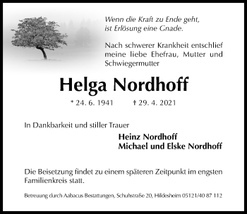 Traueranzeige von Helga Nordhoff von Hildesheimer Allgemeine Zeitung