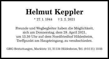 Traueranzeige von Helmut Keppler von Hildesheimer Allgemeine Zeitung