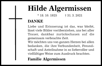 Traueranzeige von Hilde Algermissen von Hildesheimer Allgemeine Zeitung