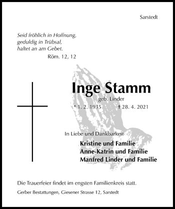 Traueranzeige von Inge Stamm von Hildesheimer Allgemeine Zeitung