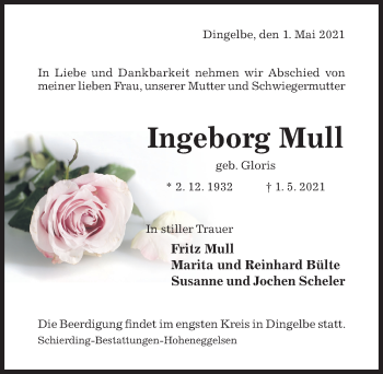 Traueranzeige von Ingeborg Mull von Hildesheimer Allgemeine Zeitung