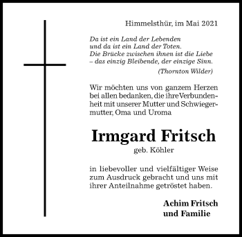 Traueranzeige von Irmgard Fritsch von Hildesheimer Allgemeine Zeitung