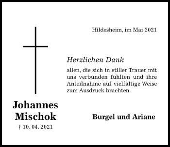 Traueranzeige von Johannes Mischok von Hildesheimer Allgemeine Zeitung