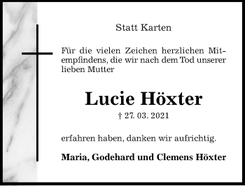 Traueranzeige von Lucie Höxter von Hildesheimer Allgemeine Zeitung