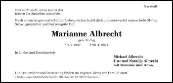 Traueranzeige von Marianne Albrecht von Hildesheimer Allgemeine Zeitung