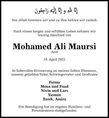 Traueranzeige von Mohamed Ali Maursi von Hildesheimer Allgemeine Zeitung
