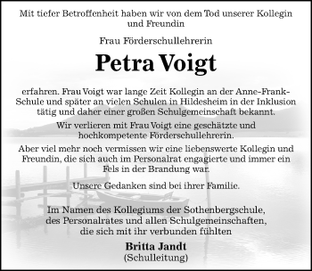 Traueranzeige von Petra Voigt von Hildesheimer Allgemeine Zeitung
