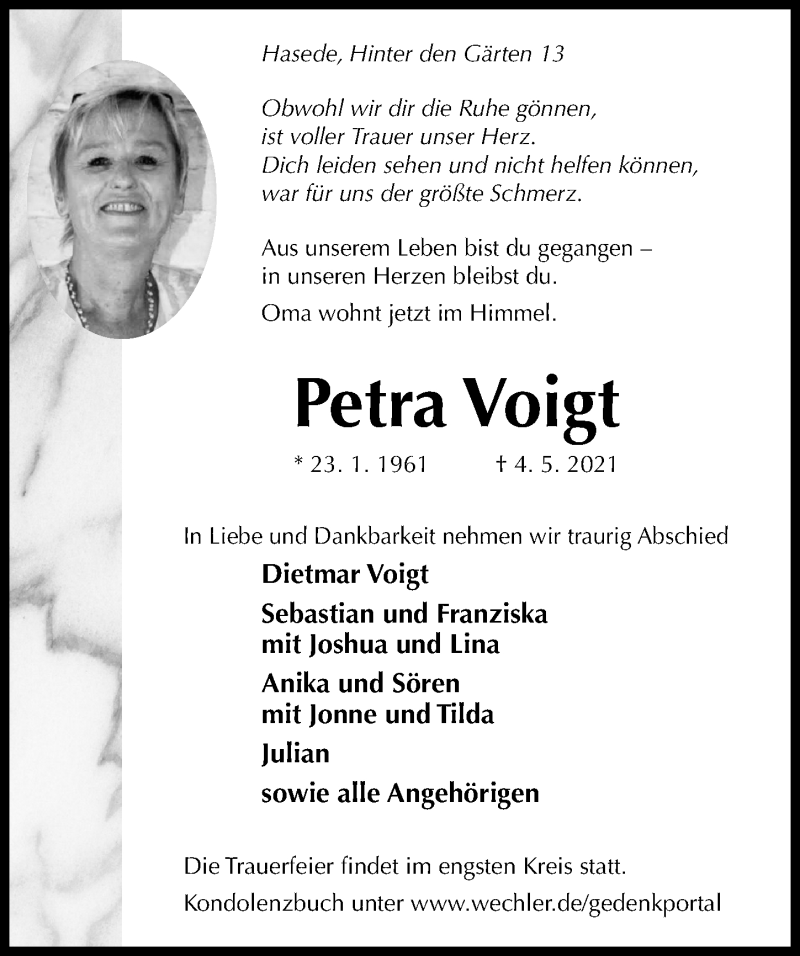  Traueranzeige für Petra Voigt vom 08.05.2021 aus Hildesheimer Allgemeine Zeitung