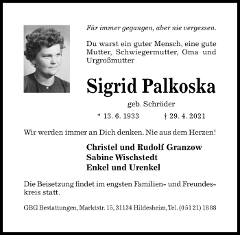 Traueranzeige von Sigrid Palkoska von Hildesheimer Allgemeine Zeitung