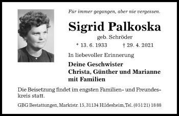 Traueranzeige von Sigrid Palkoska von Hildesheimer Allgemeine Zeitung
