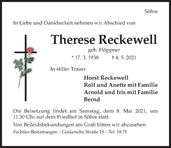 Traueranzeige von Therese Reckewell von Hildesheimer Allgemeine Zeitung