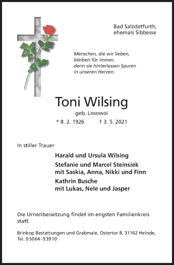 Traueranzeige von Toni Wilsing von Hildesheimer Allgemeine Zeitung