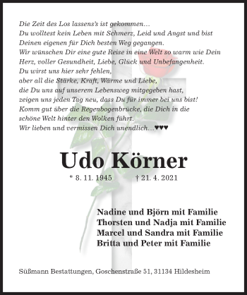Traueranzeige von Udo Körner von Hildesheimer Allgemeine Zeitung